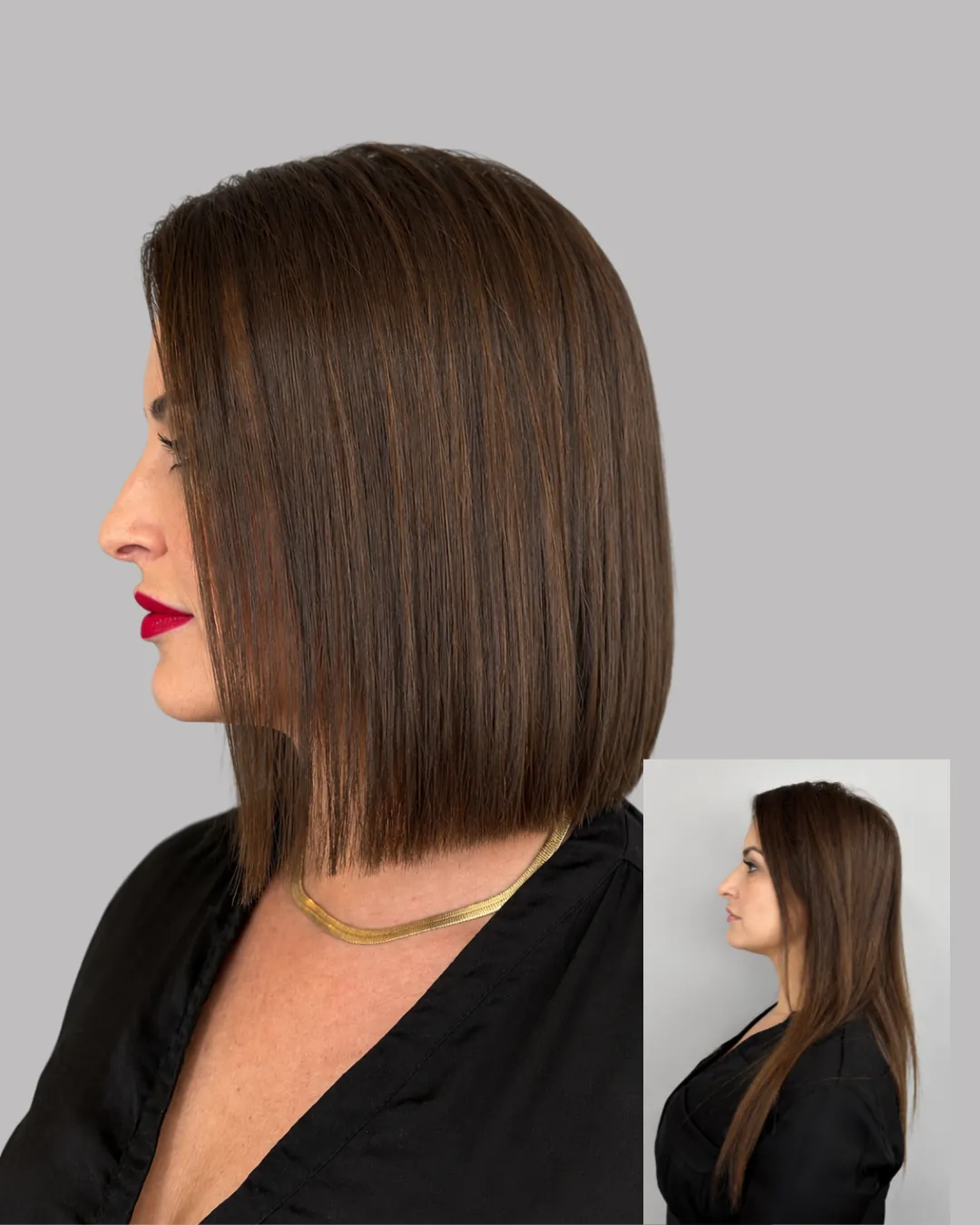 Bob liso na altura da clavícula em perfil, com a versão anterior no canto — resultado 3