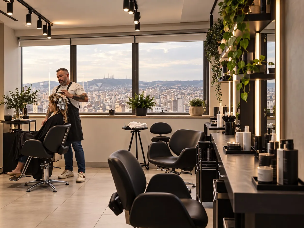 Ambiente do estúdio COUPE em Porto Alegre, com vista para a cidade