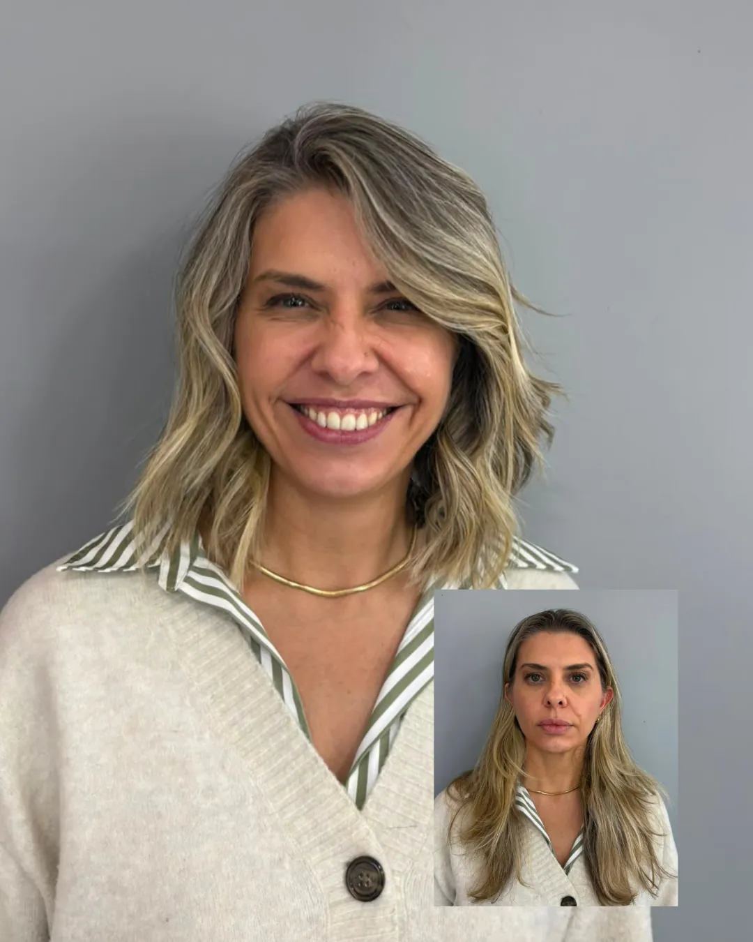 Lob ondulado blondo com cardigã creme, com a versão anterior no canto — resultado 5