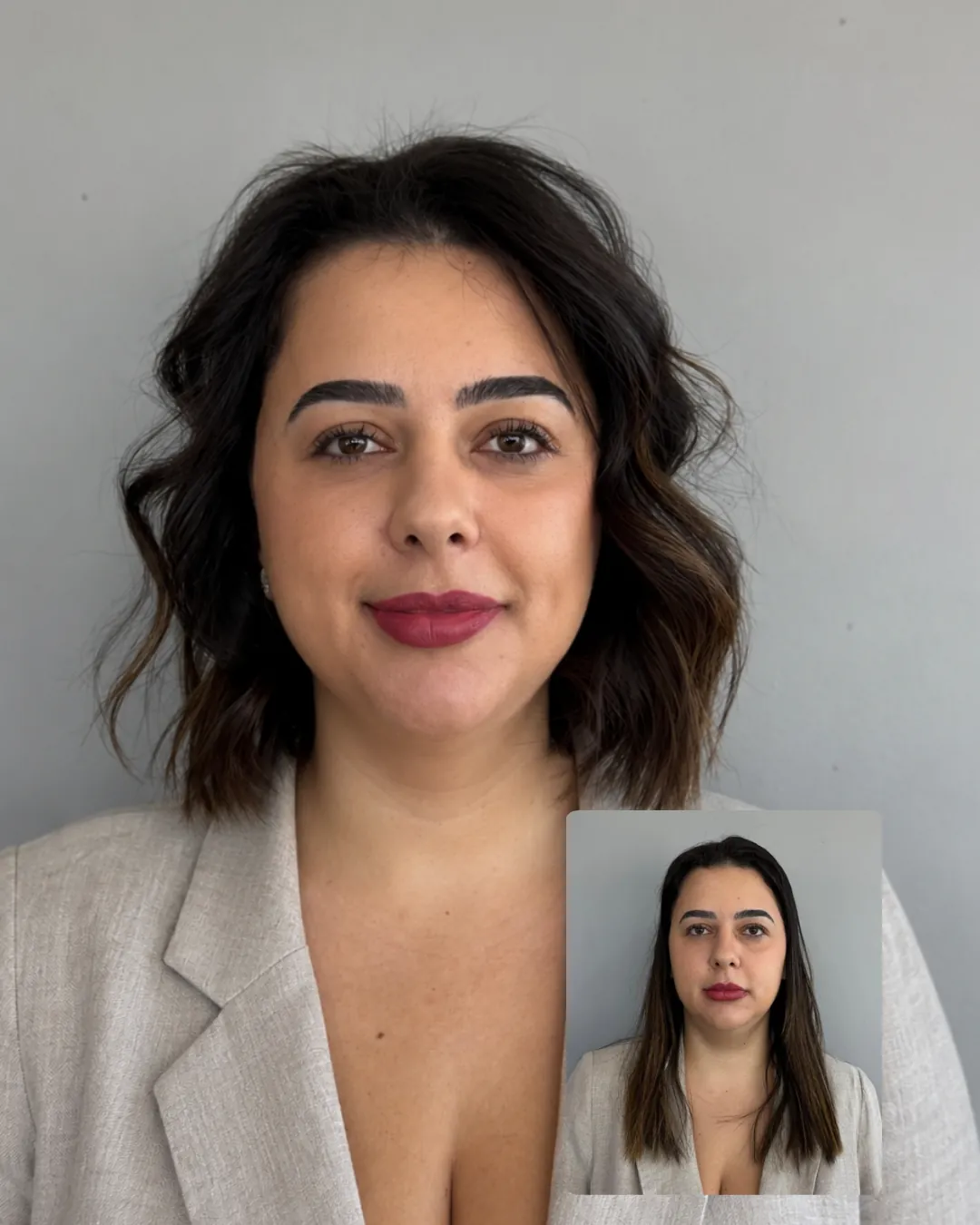 Bob ondulado escuro com blazer bege, com a versão anterior no canto — resultado 4